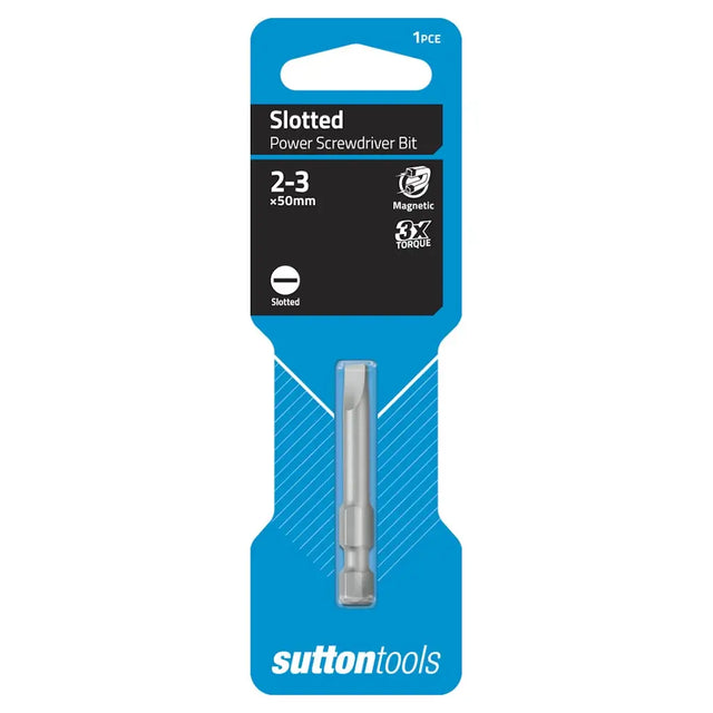 A single Sutton Tools slotted power screwdriver bit in its retail blister packaging, shown against a plain white background.