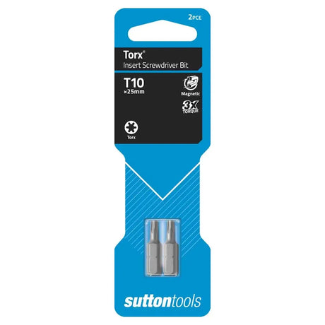 Pack of two Torx T10 x25mm magnetic insert screwdriver bits in blue and black retail packaging by Sutton Tools.