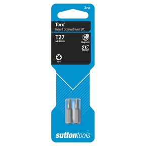 Pack of two Torx T27 x25mm magnetic insert screwdriver bits in blue and black retail packaging by Sutton Tools.