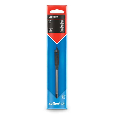 A 10 mm spade bit in its retail packaging, featuring a black and red header card with a blue lower section and the Sutton Tools logo.