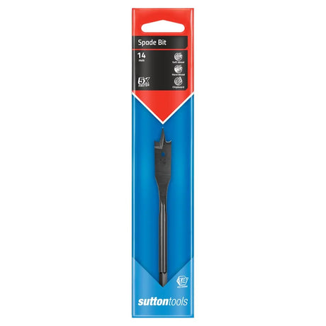 Sutton Tools 14 mm spade bit in its original retail packaging, featuring a blue and red cardboard sleeve with a black spade bit visible inside.