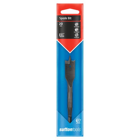 Sutton Tools 20 mm spade bit in its original retail packaging, featuring a black spade bit inside a blue and red cardboard sleeve.