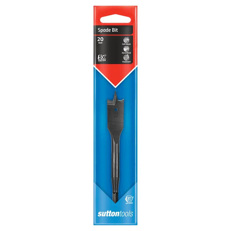 Sutton Tools 20 mm spade bit in its original retail packaging, featuring a black spade bit inside a blue and red cardboard sleeve.