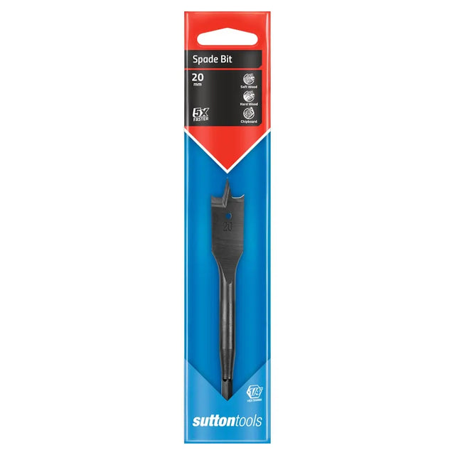 Sutton Tools 20 mm spade bit in its original retail packaging, featuring a black spade bit inside a blue and red cardboard sleeve.