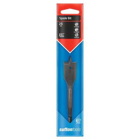 Sutton Tools 25 mm spade bit in its original retail packaging, featuring a blue and red cardboard sleeve with the brand name Sutton Tools.