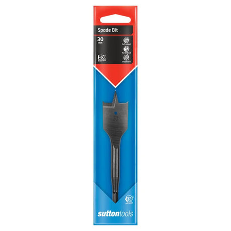 Sutton Tools 30 mm spade bit in its original retail packaging, featuring a blue and red cardboard sleeve with a clear window showing the dark gray metal spade bit.