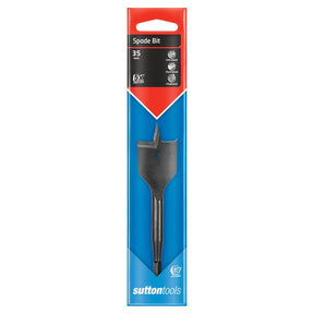 Sutton Tools 35 mm spade bit in its original retail packaging, featuring a black spade bit inside a blue and red cardboard sleeve.