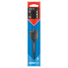 Sutton Tools 38 mm spade bit in its original retail packaging, featuring a black spade bit inside a blue and red cardboard sleeve.
