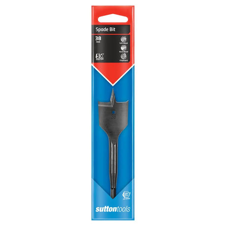 Sutton Tools 38 mm spade bit in its original retail packaging, featuring a black spade bit inside a blue and red cardboard sleeve.