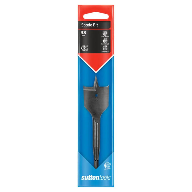 Sutton Tools 38 mm spade bit in its original retail packaging, featuring a black spade bit inside a blue and red cardboard sleeve.