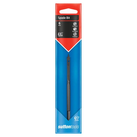 Sutton Tools 6 mm spade bit in its original blue and red retail packaging, shown against a plain white background.