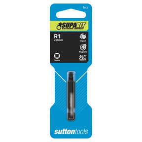 A packaged Supabit R1 x 50mm magnetic square impact screwdriver bit by Sutton Tools, shown in its blue and black retail blister card on a white background.