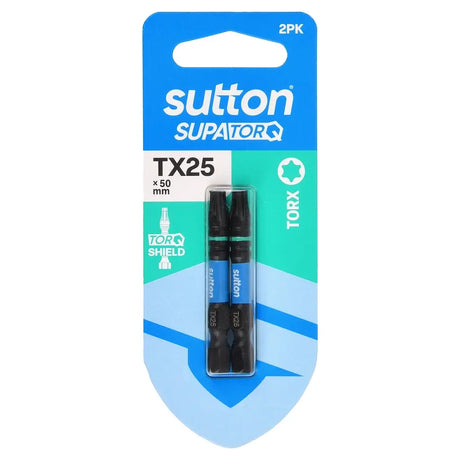 Sutton SupaTor TX25 2-pack of 50 mm Torx bits in blue and teal packaging.