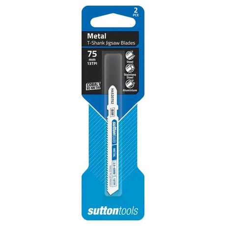 Sutton Tools 2-pack of 75 mm metal T-Shank jigsaw blades in blue and black retail packaging, featuring a white and black blade with a black handle.