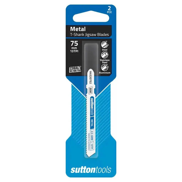 Sutton Tools 2-pack of 75 mm metal T-Shank jigsaw blades in blue and black retail packaging, featuring a white and black blade with a black handle.
