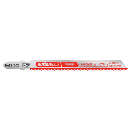 A 10TPI wood reciprocating saw blade by Sutton Tools, model H43211002, shown horizontally against a plain white background. The blade is silver with red and black printed text and graphics, including 'sutton tools', 'WOOD', '3-30MM', and '10TPI'.