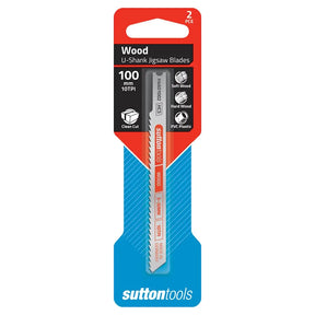Sutton Tools 100 mm 2-piece U-shank jigsaw blades in retail packaging, featuring two silver blades with orange and white markings on a red and blue cardboard backing.