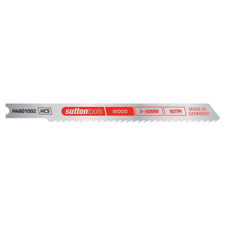 A silver 10TPI wood reciprocating saw blade with red and black printed text, including the brand 'sutton tools' and specifications, shown against a plain white background.