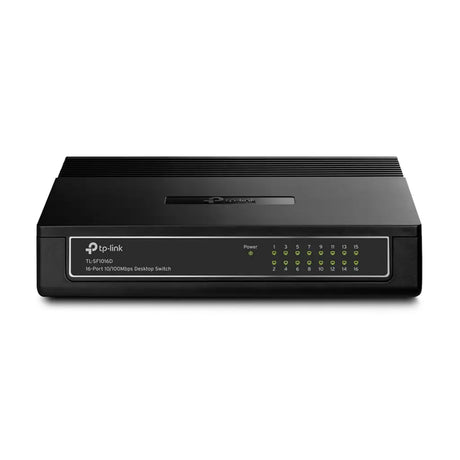 Black network switch with TP-Link branding on a white background