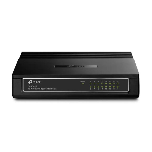 Black network switch with TP-Link branding on a white background