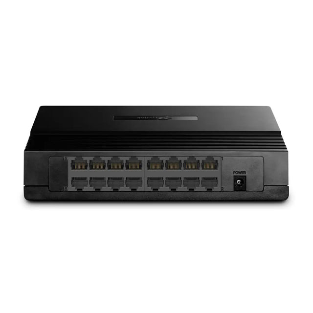 Black network switch with multiple ports on a white background