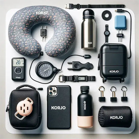 Collection of travel accessories with KORJO branding on a white background