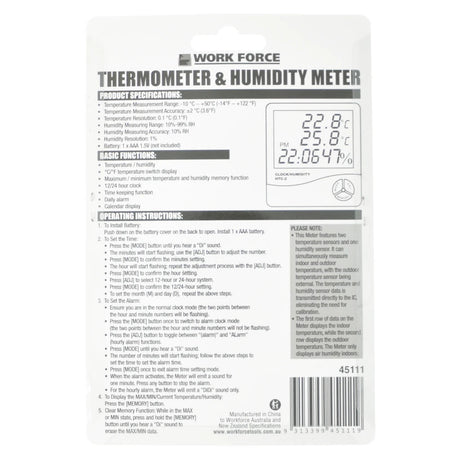 Work Force Indoor & Outdoor Thermometer & Humidity Meter 45111