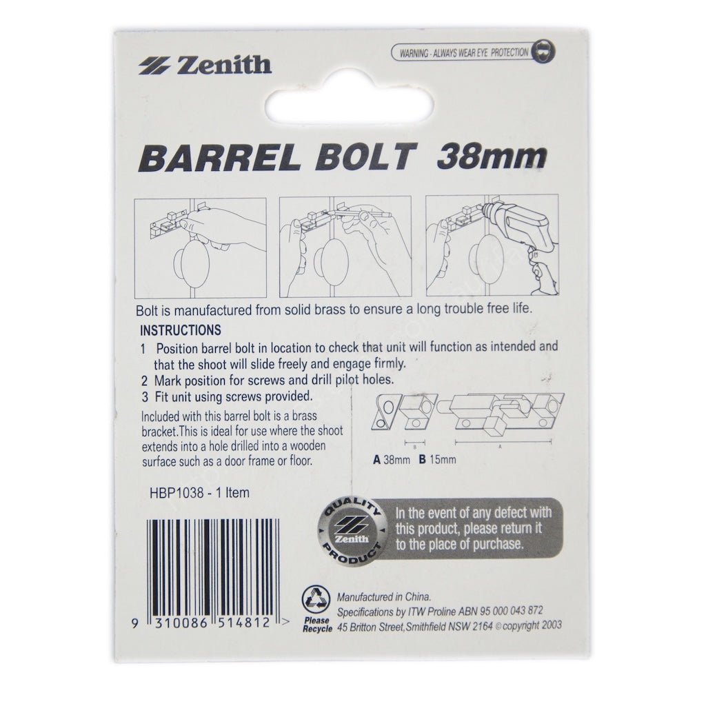 Zenith Barrel Bolt 38mm Solid Brass Polished Brass HBP1038