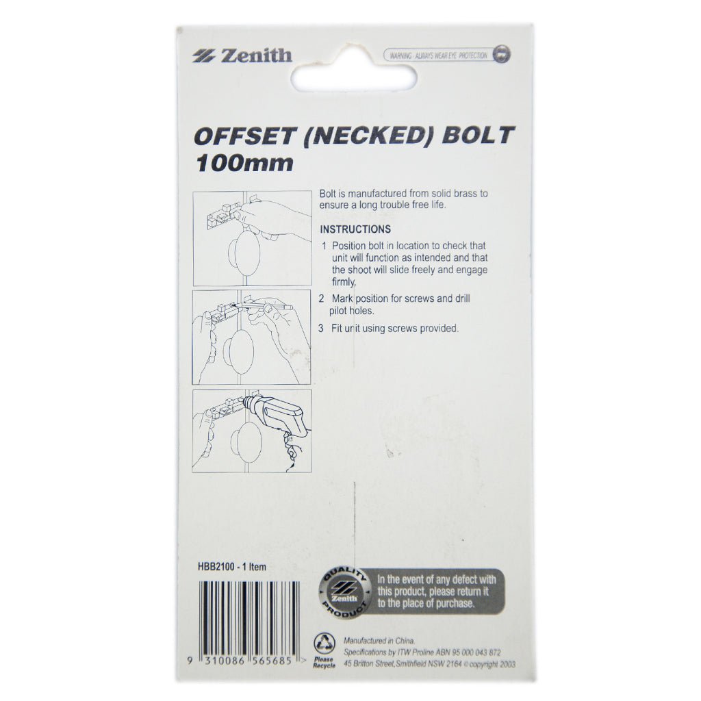 Zenith Offset(Necked) Bolt 100mm Solid Brass Chrome Plated HBB2100