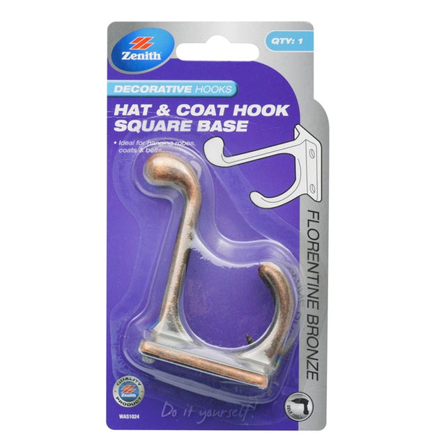 Zenith Square Base Hat & Coat Hook 80mm Florentine Bronze WAS1024