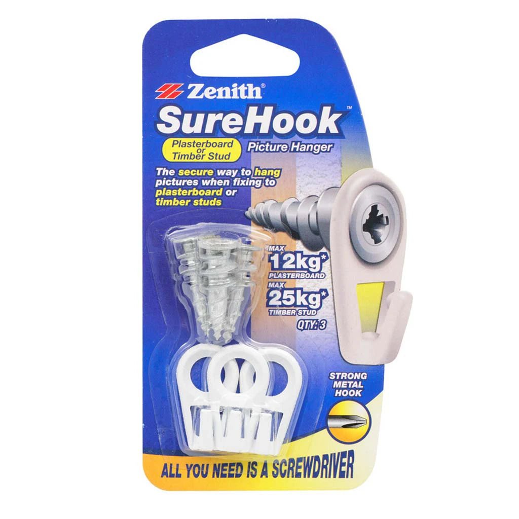 Zenith SureHook Picture Hanger on Pasterboard Timber Stud 12Kg 3Pcs WSH4012