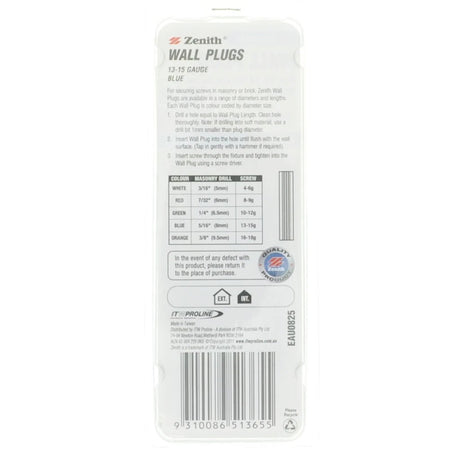 Zenith Wall Plug Blue 5/16"x25mm For 13 - 15 Gauge Screw EAU0825