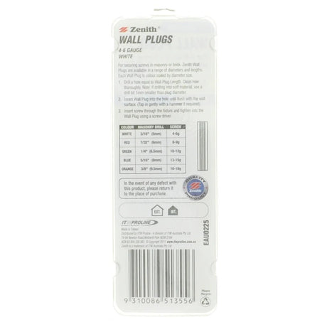 Zenith Wall Plug White 3/16"x25mm For 4 - 6 Gauge Screw EAU0225