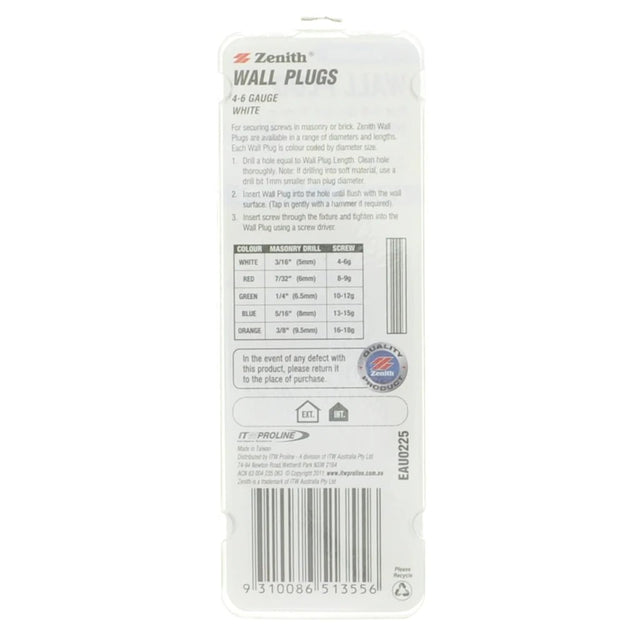 Zenith Wall Plug White 3/16"x25mm For 4 - 6 Gauge Screw EAU0225