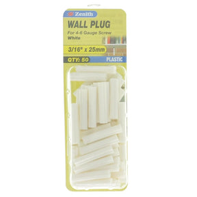 Zenith Wall Plug White 3/16"x25mm For 4 - 6 Gauge Screw EAU0225