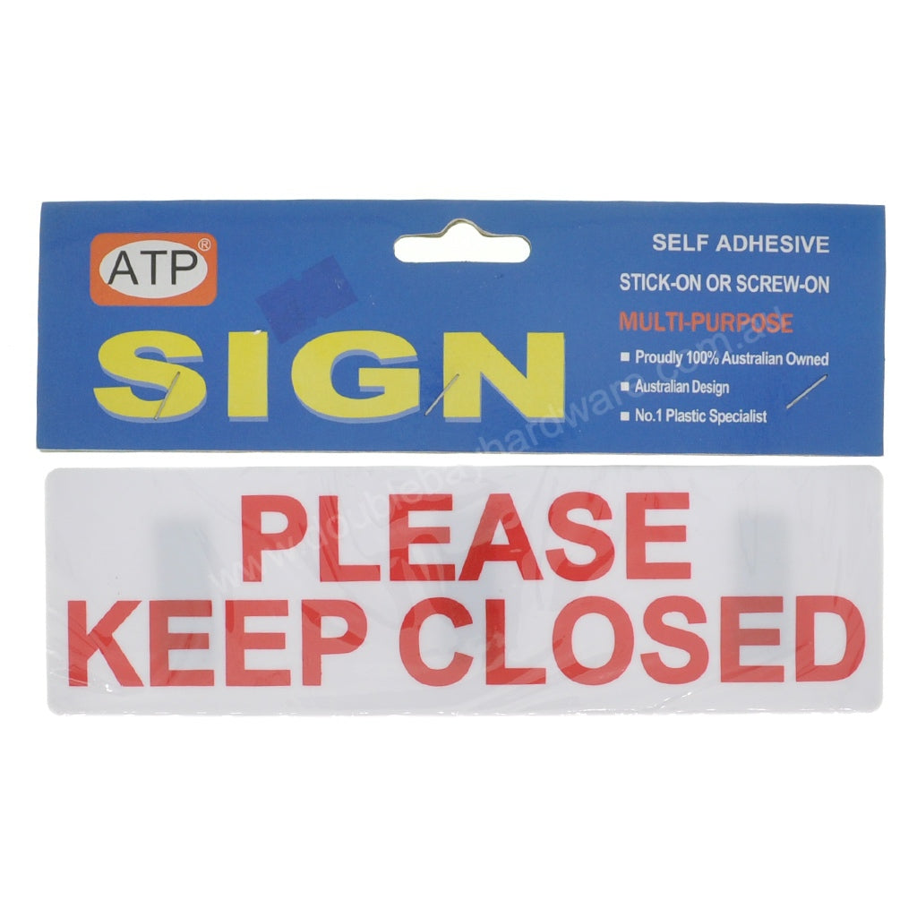 ATP Plastic Self Adhesive Sign PLEASE KEEP CLOSED 200x60x2mm
