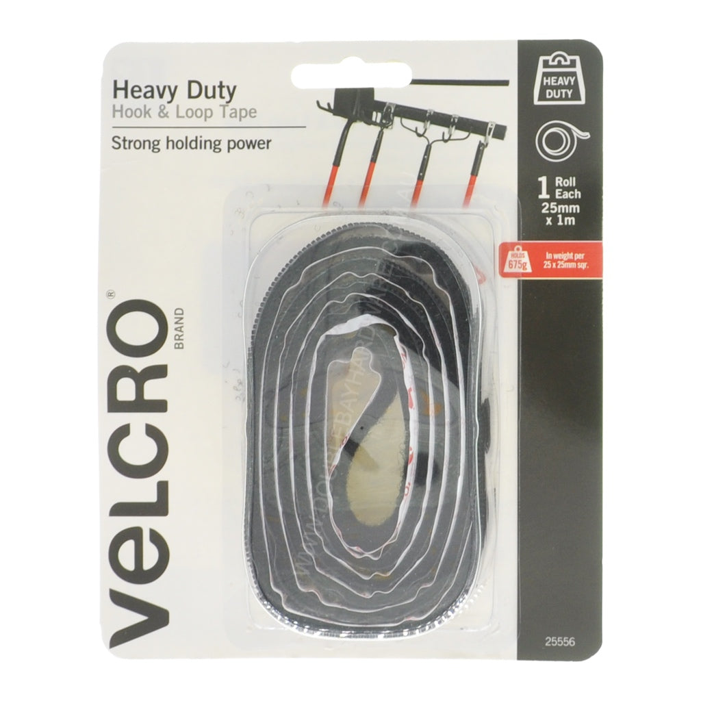 VELCRO Heavy Duty Hook & Loop Tape 25mmX1m Black Holds Up to 675g 25556