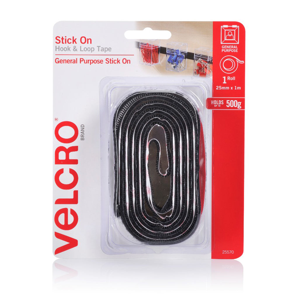 VELCRO Hook & Loop Stick On Tape 25mmX1m Black 25570