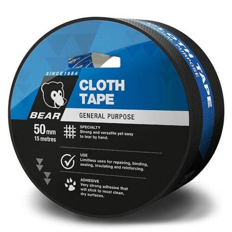 BEAR Very Strong and Versatile Cloth Tape Repair,Bind,Seal 50mmX15m Black - Double Bay Hardware