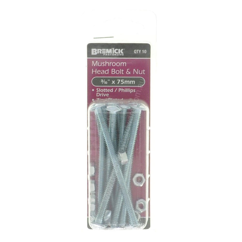Bremick Mushroom Head Bolt & Nut Zinc 3/16x75mm BMCWZ050753 - Double Bay Hardware