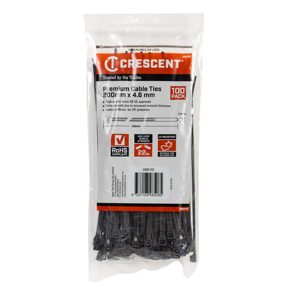 CRESCENT Cable Ties 200x4.6mm Black 100Pk WB8100 - Double Bay Hardware