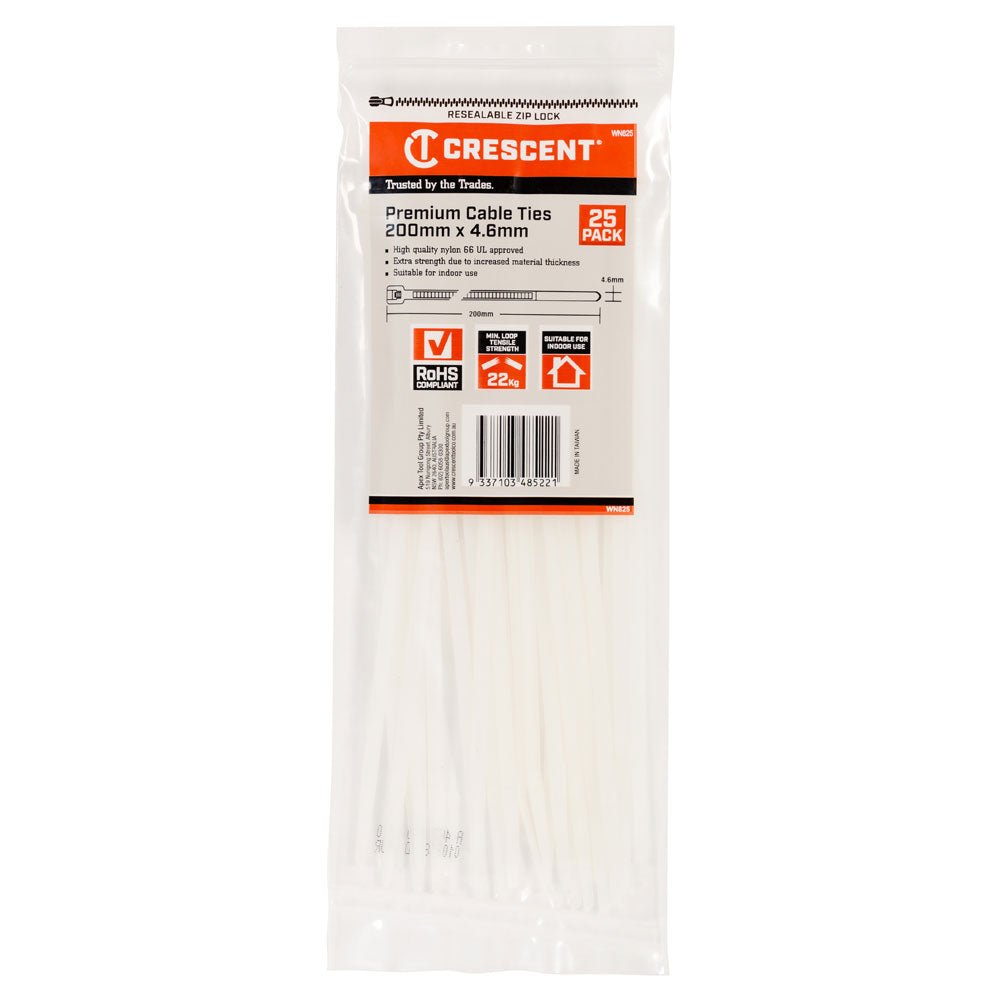 CRESCENT Cable Ties 200x4.6mm Natural 25Pk WN825 - Double Bay Hardware