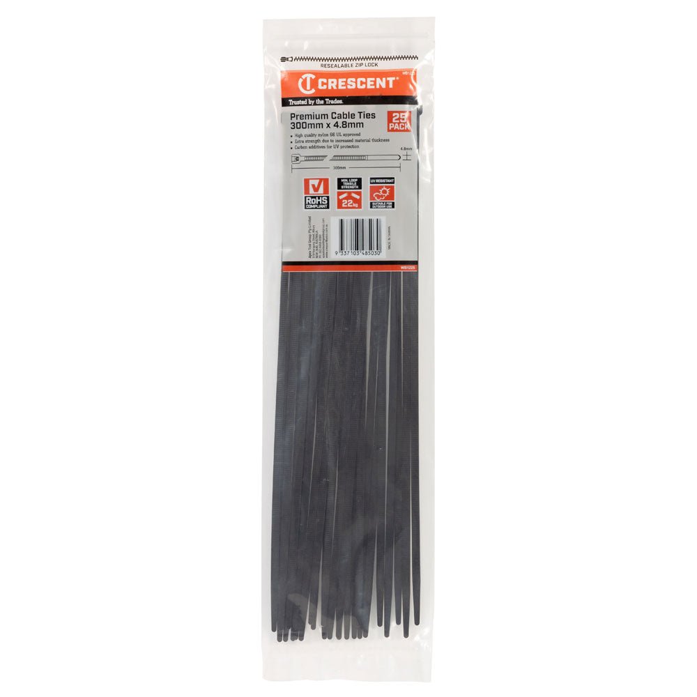CRESCENT Cable Ties 300x4.8mm Black 25Pk WB1225 - Double Bay Hardware