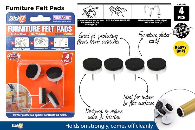 DURAMAX Furniture Felt Pads With Nails Black 24mm HAR-514 - Double Bay Hardware