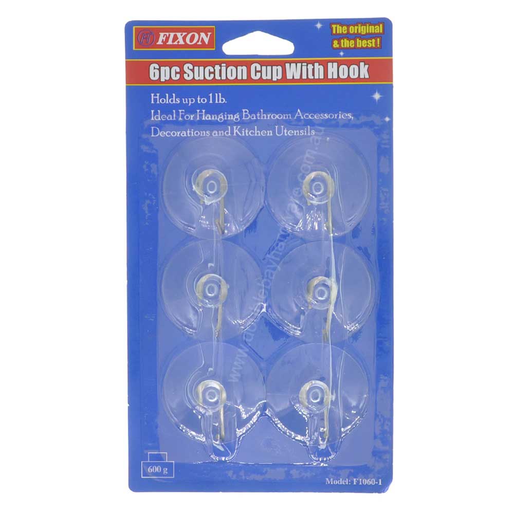 FIXON Suction Cup With Hook 6pcs Holds Up To 600g F1060 - Double Bay Hardware