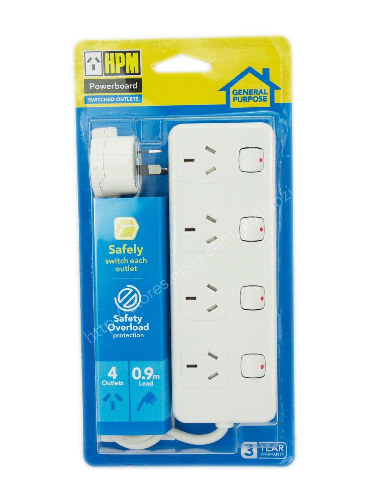 HPM 0.9m 4 Switched Outlets Powerboard With Safety Overload Protection D104WE - Double Bay Hardware