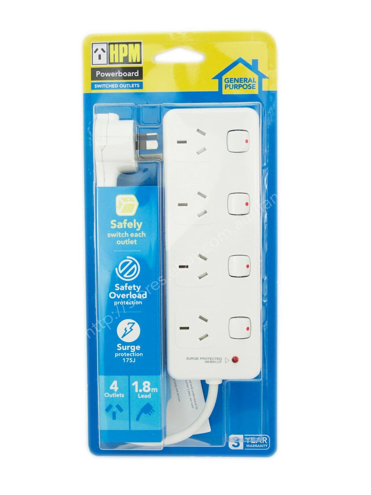 HPM 1.8m 4 Switched Outlets Powerboard With Safety Overload Protection D104PAWE - Double Bay Hardware