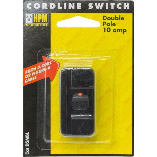 HPM Cordline Switch Double Pole 10amp Black Suits 3-Core or Figure-8 Cable D5MBL - Double Bay Hardware