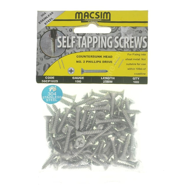 MACSIM 10Gx25mm Countersunk SELF TAPPING Screw Stainless Steel 56CP1025