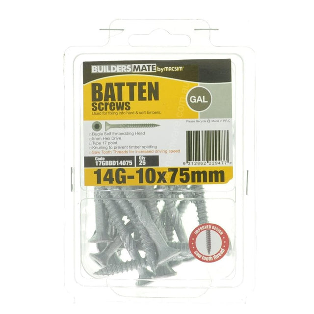 MACSIM 14G - 10x75mm BATTEN Screw With Knurling Galvanised 17GBBD14075